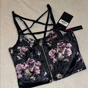 Black and Pink Floral Skull Crop Top